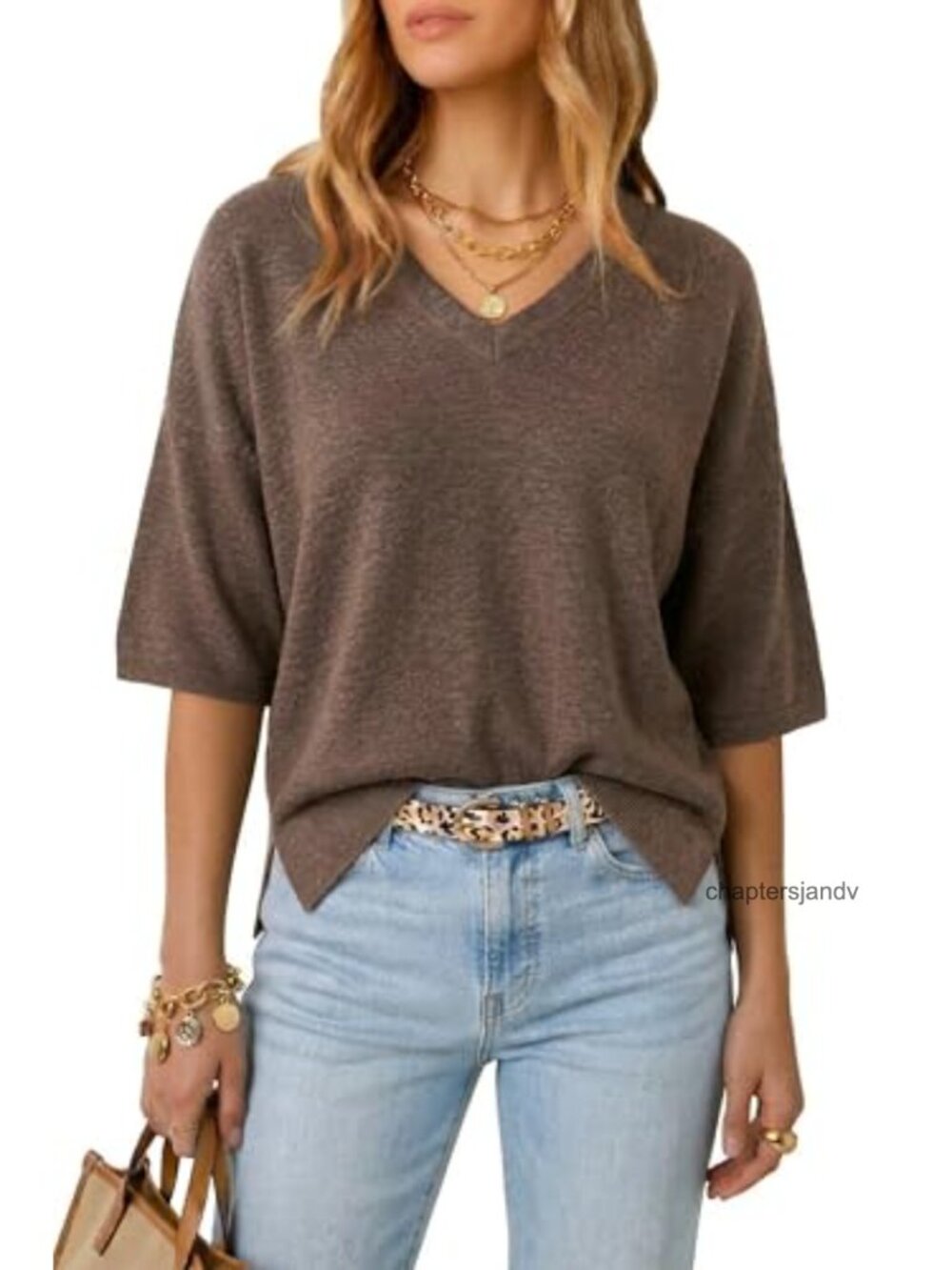 Wool Blend Elbow Sleeve Oversized V-Neck Pullover Sweater